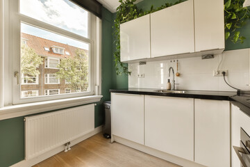 a kitchen area with green walls and white cupboards on either side of the window looking out onto the street