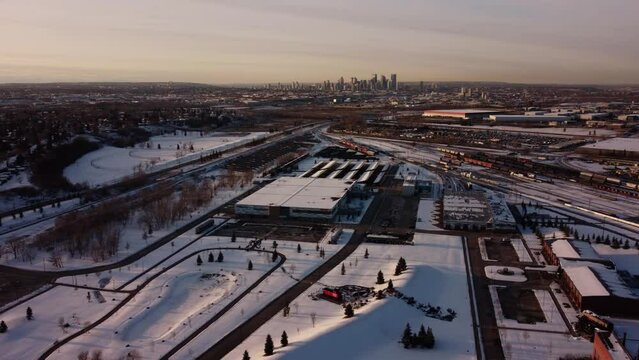 Aerial sunset view of Calgary Downtown from the Ogden community.