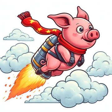 pig flying through the air with a jetpack on its back