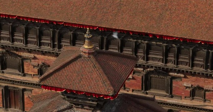 55 windows palace in Bhaktapur Durbar Square Pagoda Style Temple UNESCO world heritage site, architectural significance, wind blowing, cultural diversity, Drone shot 4K