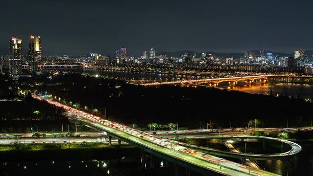 Seoul Cityscape Night Timelapse with Busy Car Traffic - Eungbong Mountain