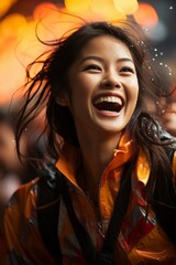 Umbrella girl wearing a radiant smile, enhancing the overall ambiance of the race event, Generative AI