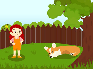 vector hand drawing girl and dog in the park illustration