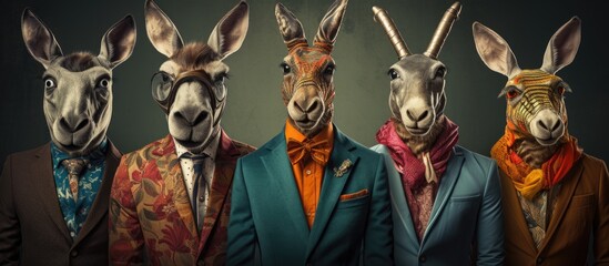 Animals wearing retro attire Humans with animal heads Artwork featuring concept graphics and photo manipulation for covers advertisements and clothing prints Included animals antelope cow do