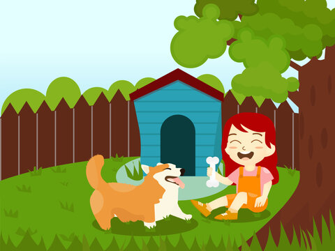vector hand drawing girl and dog playing in the park illustration