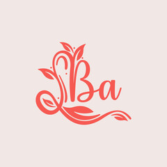 Nature Letter BA logo. Orange vector logo design botanical floral leaf with initial letter logo icon for nature business.