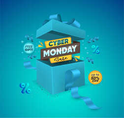 Cyber Monday Sale Text with Realistic Open Gift Box, Confetti and Ribbon on blue Background. - 673578457