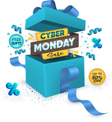 Cyber Monday Sale Text with Realistic Open Gift Box, Confetti and Ribbon on white Background. - 673578465