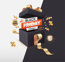 Black Friday Limited Sale Offer. Promotion Tag with Realistic Open Gift Box, Confetti and Ribbon on Black Background - 673578489