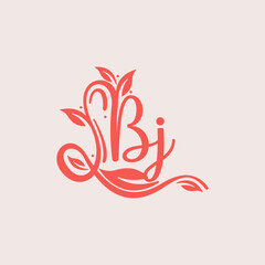 Nature Letter BJ logo. Orange vector logo design botanical floral leaf with initial letter logo icon for nature business.