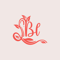 Nature Letter BL logo. Orange vector logo design botanical floral leaf with initial letter logo icon for nature business.