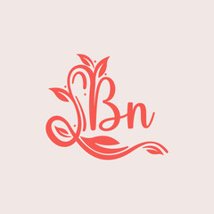 Nature Letter BN logo. Orange vector logo design botanical floral leaf with initial letter logo icon for nature business.