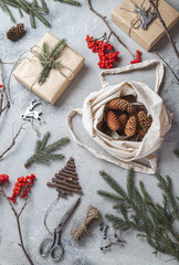 Zero waste Christmas concept. Natural Chirsmas decoration and Hand crafted gifts without plastic. Flat lay, top view.