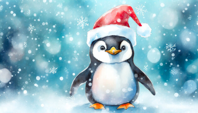Cute penguin wearing a Santa hat in the falling snow Christmas Winter concept