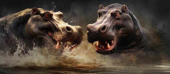 Battle between territorial hippos - obrazy, fototapety, plakaty