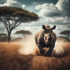 Wandcirkels tuinposter rhinoceros charging in a savanna  © Sohel