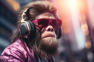 Portraits side view Fashionable monkey Humanized, Sunglasses ,Ear Headphones. Generative AI. - obrazy, fototapety, plakaty