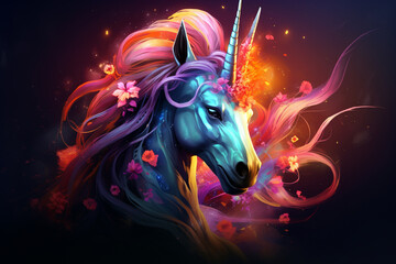 Obraz na płótnie Canvas A mesmerizing fairytale unfolds in neon hues as a mythical unicorn dazzles with mystical allure.