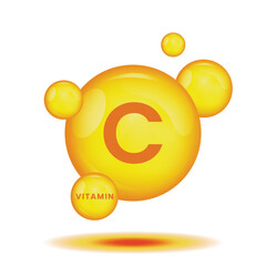 Vitamin C icon design. Drop gold pill capsule. Pharmacy sign business concept. Vector illustraion EPS.