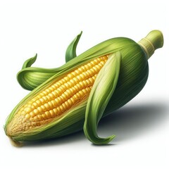 A single ear of corn on the cob with a partially peeled back green husk revealing plump and shiny yellow kernels