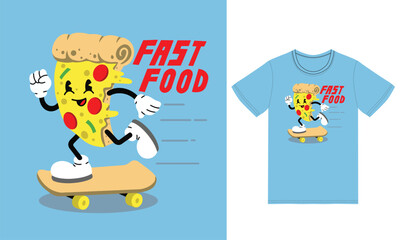 Cute mascot pizza skateboarding illustration with tshirt design premium vector