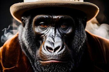 AI generated illustration of a majestic gorilla wearing a stylish hat and jacket