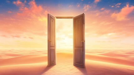 Opened Door on Desert with Sunset Background