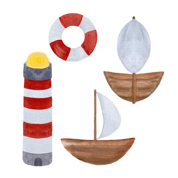 Watercolor lighthouse wooden sailboat set