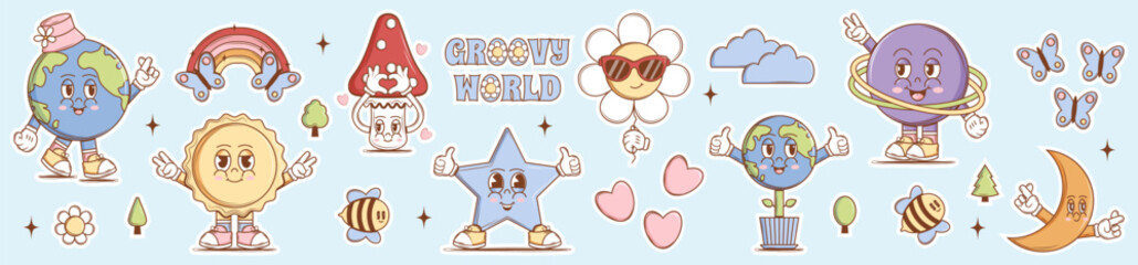 Set of vintage groovy characters and elements of sticker design. Retro character, hippie 70s style. Psychedelic planet earth, sun, mushroom, star, moon, flower. Groovy World. Vector art