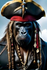 AI generated illustration of a gorilla wearing a black pirate hat with long dark dreadlocks