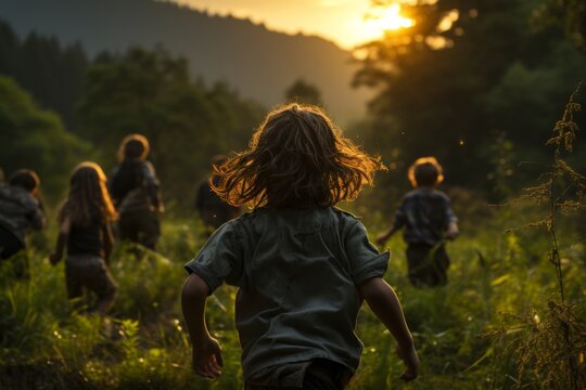 Kids Playing A Thrilling Game Of Capture The Flag Amidst The Lush Greenery Of Their Summer Camp, Generative AI