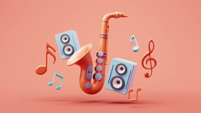 Loop animation of music instruments with cartoon style, 3d rendering.