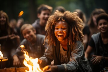 Young campers singing and dancing around a campfire, embracing the spirit of unity and fun, Generative AI