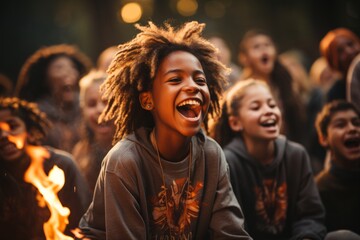Young campers singing and dancing around a campfire, embracing the spirit of unity and fun, Generative AI