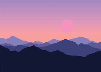 Beautiful mountains in the evening. Vector illustration in flat style.