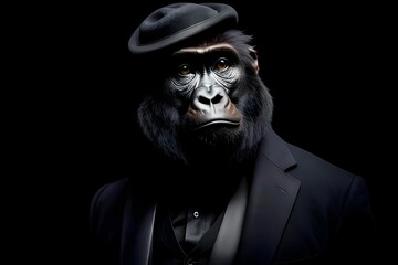 AI generated illustration of a gorilla wearing a tailored black suit and a black top hat
