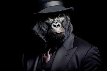 AI generated illustration of a gorilla wearing a tailored suit and top hat in a portrait pose