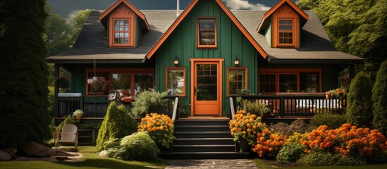A Photo manipulation of a traditional wooden house with a green exterior and a distinctive red...