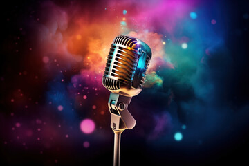 A vintage microphone on a stand with a colorful background