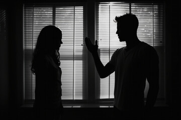 Silhouette of a married couple having an argument - obrazy, fototapety, plakaty