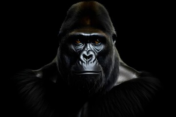 AI generated illustration of a portrait of an adult gorilla on a black background