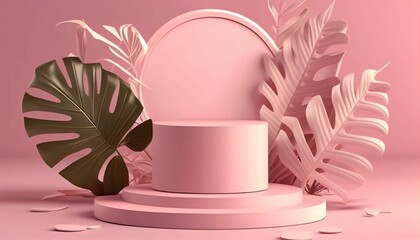 AI generated illustration of a pink cake display with green and pink tropical leaves in the studio