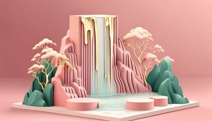 AI generated illustration of a pink cake display with tropical trees and waterfall in the studio