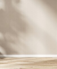 Blank clean beige cream fabric texture wallpaper wall, wood laminated parquet floor in sunlight, tree foliage shadow for luxury interior, fashion, beauty, cosmetic, skincare product background 3D