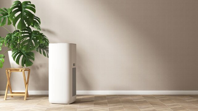 White modern design air purifier, dehumidifier on brown herringbone tile floor in beige wall room, green monstera tree in sunlight. Fresh clean air, healthcare, health technology background 3D