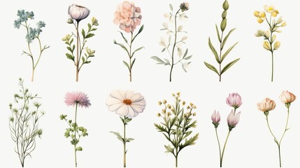 Vintage artwork and retro graphic design set of botanical illustrations of flowers or floral plants