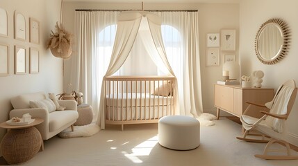 Cozy baby room with a cradle in light tones. AI-generated.