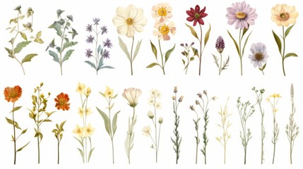 Vintage artwork and retro graphic design set of botanical illustrations of flowers or floral plants - obrazy, fototapety, plakaty