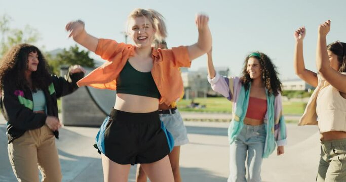 Happy woman, outdoor or people dancing with hip hop fashion, cool swag or freestyle for wellness. Dancers, women or gen z girl friends with energy, freedom or unique talent for a fun celebration