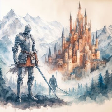 A watercolor painting of a knight standing in front of a castle. The knight is wearing a suit of armor and is holding a sword. The castle is tall and has many towers and spires
